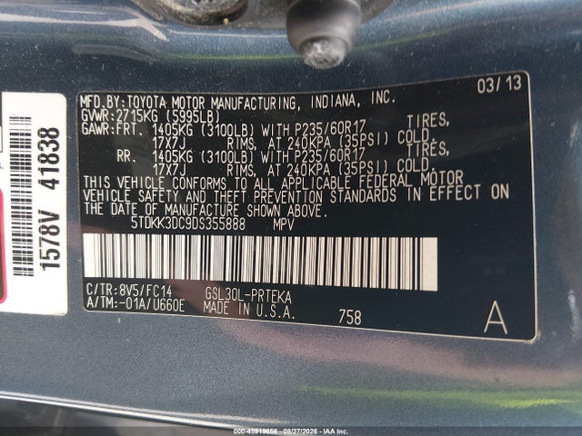 Aukcja sprzedaży 2013 Toyota Sienna Le V6 8 Passenger, vin: 5TDKK3DC9DS355888, numer aukcji: 45919656