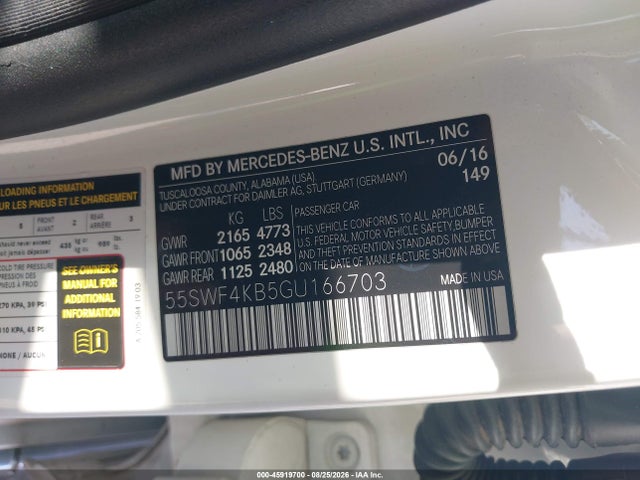 45919700 :رقم المزاد ، 55SWF4KB5GU166703 vin ، 2016 Mercedes-benz C 300 4matic مزاد بيع