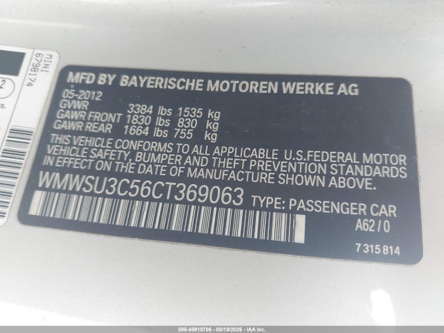 Продажа на аукционе авто 2012 Mini Cooper, vin: WMWSU3C56CT369063, номер лота: 45919706