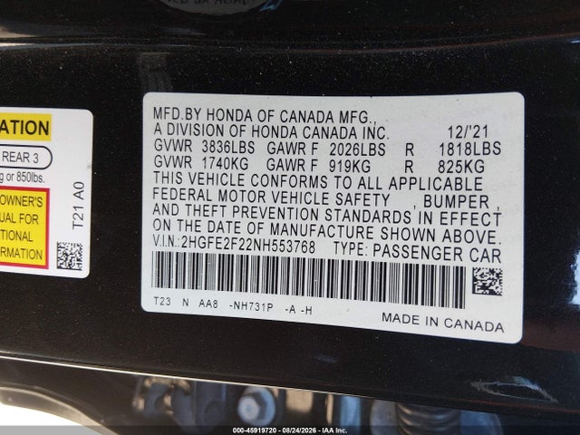 Honda Civic Lx 2022 2HGFE2F22NH553768 Image 9