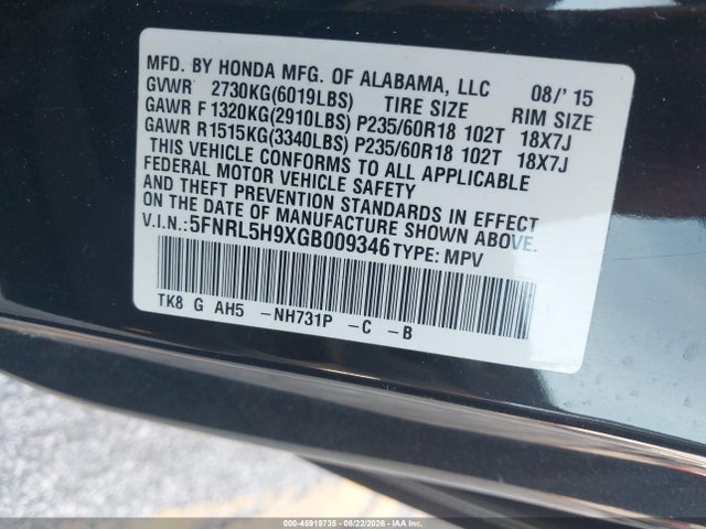 Aukcja sprzedaży 2016 Honda Odyssey Touring/touring Elite, vin: 5FNRL5H9XGB009346, numer aukcji: 45919735