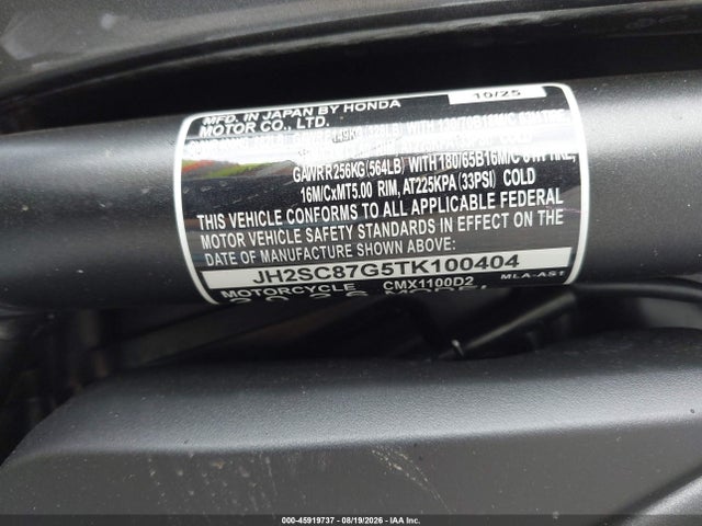 Продажа на аукционе авто 2026 Honda Cmx1100 D2, vin: JH2SC87G5TK100404, номер лота: 45919737
