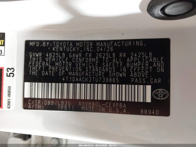 2026 Toyota Camry Xse მანქანა იყიდება აუქციონზე, vin: 4T1DAACK2TU739865, აუქციონის ნომერი: 45919743