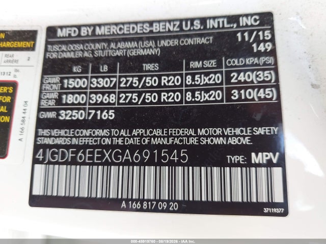 45919760 :رقم المزاد ، 4JGDF6EEXGA691545 vin ، 2016 Mercedes-benz Gl 450 4matic مزاد بيع