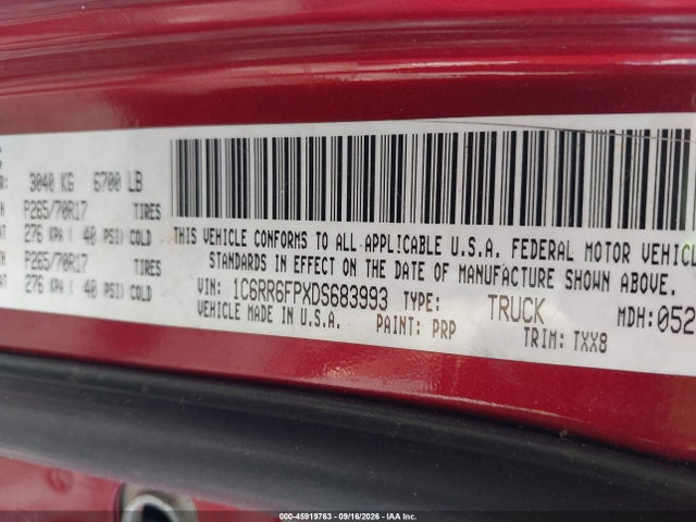 45919763 :رقم المزاد ، 1C6RR6FPXDS683993 vin ، 2013 Ram 1500 Tradesman مزاد بيع