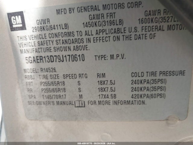 Aukcja sprzedaży 2009 Buick Enclave Cx, vin: 5GAER13D79J170610, numer aukcji: 45919770