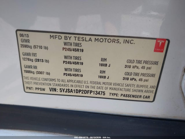 Продаж на аукціоні авто 2013 Tesla Model S Performance, vin: 5YJSA1DP2DFP13475, номер лоту: 45919775