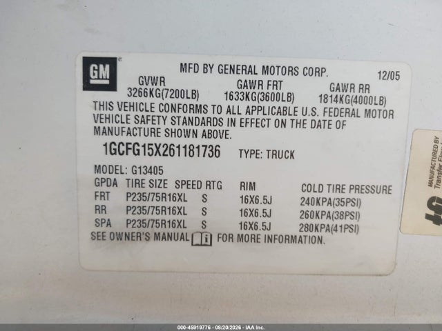 Продаж на аукціоні авто 2006 Chevrolet Express Work Van, vin: 1GCFG15X261181736, номер лоту: 45919776