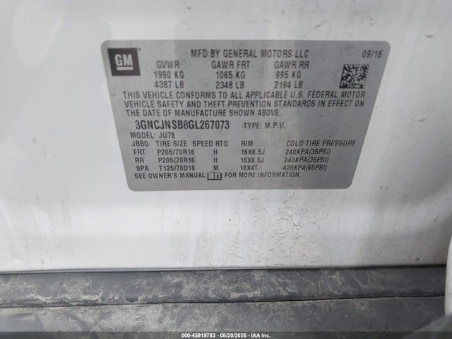45919783 :رقم المزاد ، 3GNCJNSB8GL267073 vin ، 2016 Chevrolet Trax Ls مزاد بيع