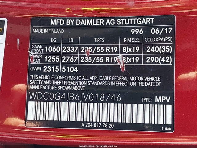 45919791 :رقم المزاد ، WDC0G4JB6JV018746 vin ، 2018 Mercedes-benz Glc 300 مزاد بيع