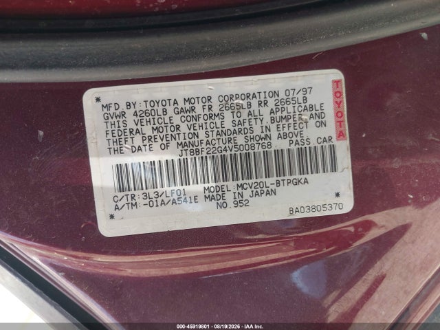 Продаж на аукціоні авто 1997 Lexus Es 300, vin: JT8BF22G4V5008768, номер лоту: 45919801