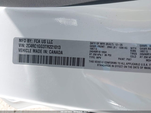 2026 Chrysler Pacifica Limited მანქანა იყიდება აუქციონზე, vin: 2C4RC1GG3TR221013, აუქციონის ნომერი: 45919804