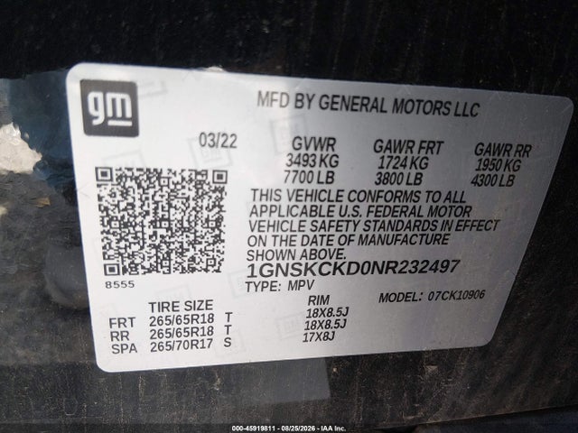 Aukcja sprzedaży 2022 Chevrolet Suburban 4wd Lt, vin: 1GNSKCKD0NR232497, numer aukcji: 45919811