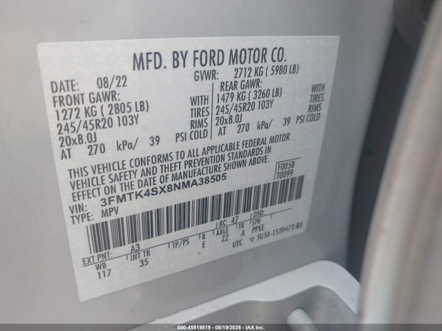 Aukcja sprzedaży 2022 Ford Mustang Mach-e Gt, vin: 3FMTK4SX8NMA38505, numer aukcji: 45919819