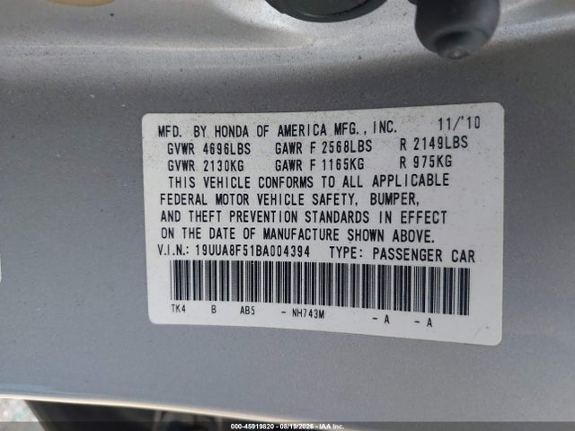 Aukcja sprzedaży 2011 Acura Tl 3.5, vin: 19UUA8F51BA004394, numer aukcji: 45919820