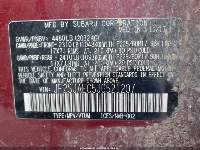 45919826 :رقم المزاد ، JF2SJAEC5JG521207 vin ، 2018 Subaru Forester 2.5i Premium مزاد بيع