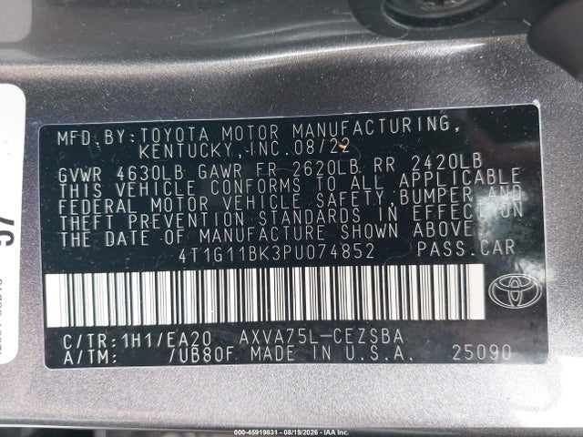 45919831 :رقم المزاد ، 4T1G11BK3PU074852 vin ، 2023 Toyota Camry Se Awd مزاد بيع