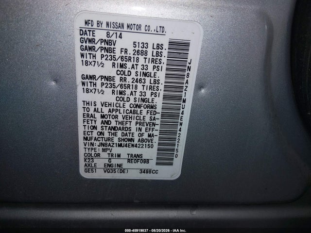 Nissan MURANO S 2014 JN8AZ1MU4EW422150 Image 9