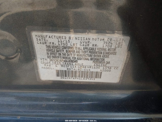 3N1CN7AP4GL839345 Nissan Versa 1.6 S/1.6 S+/1.6 Sl/1.6 Sv