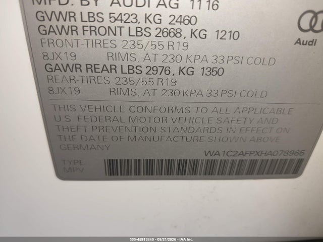 Продажа на аукционе авто 2017 Audi Q5 2.0t Premium, vin: WA1C2AFPXHA078965, номер лота: 45919840