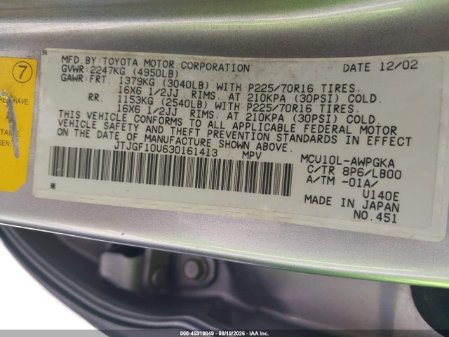 Aukcja sprzedaży 2003 Lexus Rx 300, vin: JTJGF10U630161413, numer aukcji: 45919849