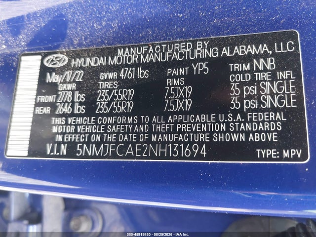 Продажа на аукционе авто 2022 Hyundai Tucson Sel, vin: 5NMJFCAE2NH131694, номер лота: 45919850