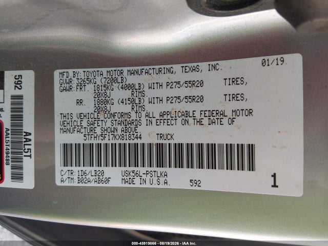 Продажа на аукционе авто 2019 Toyota Tundra Limited 5.7l V8, vin: 5TFHY5F17KX818344, номер лота: 45919866