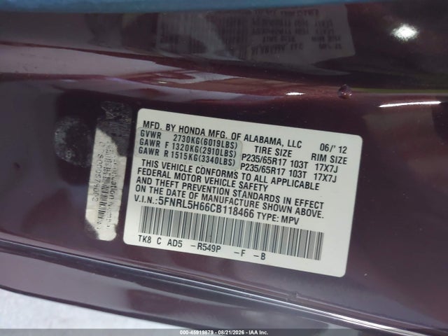 2012 Honda Odyssey Ex-l მანქანა იყიდება აუქციონზე, vin: 5FNRL5H66CB118466, აუქციონის ნომერი: 45919879