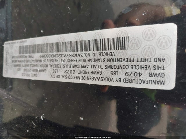 2012 Volkswagen Jetta 2.0l S მანქანა იყიდება აუქციონზე, vin: 3VW2K7AJ2CM328389, აუქციონის ნომერი: 45919902