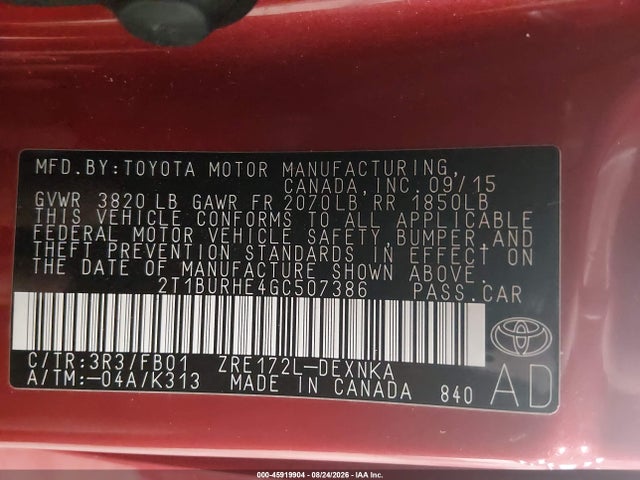 45919904 :رقم المزاد ، 2T1BURHE4GC507386 vin ، 2016 Toyota Corolla Le Plus مزاد بيع