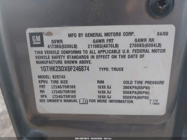 Aukcja sprzedaży 2006 Gmc Sierra 2500hd Slt, vin: 1GTHK23DX6F246874, numer aukcji: 45919912