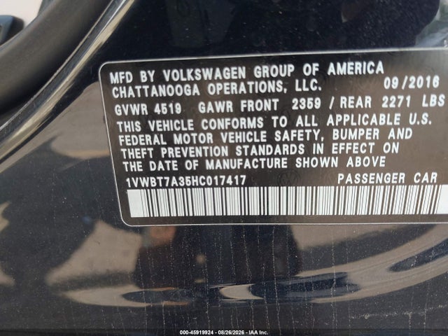 2017 Volkswagen Passat 1.8t Se მანქანა იყიდება აუქციონზე, vin: 1VWBT7A35HC017417, აუქციონის ნომერი: 45919924