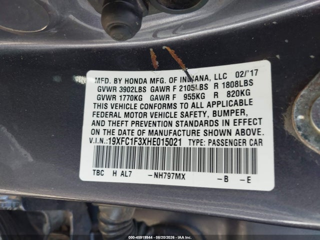Aukcja sprzedaży 2017 Honda Civic Ex-t, vin: 19XFC1F3XHE015021, numer aukcji: 45919944