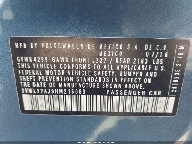 2017 Volkswagen Jetta 1.8t Sel მანქანა იყიდება აუქციონზე, vin: 3VWL17AJ9HM215683, აუქციონის ნომერი: 45919951