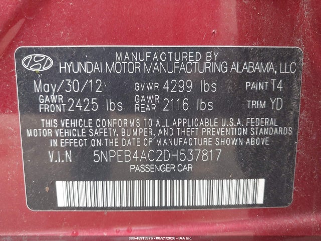 Aukcja sprzedaży 2013 Hyundai Sonata Gls, vin: 5NPEB4AC2DH537817, numer aukcji: 45919976