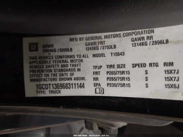 Продаж на аукціоні авто 2006 Chevrolet Colorado Lt, vin: 1GCDT136968311144, номер лоту: 45919980