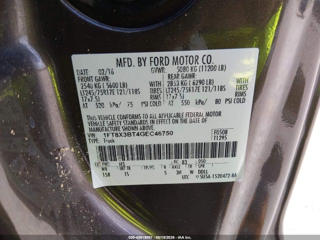 2016 Ford F-350 Xl მანქანა იყიდება აუქციონზე, vin: 1FT8X3BT4GEC46750, აუქციონის ნომერი: 45919997