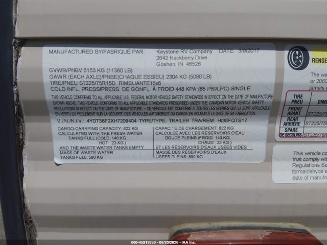 Продаж на аукціоні авто 2017 Keystone Rv Other, vin: 4YDT38F2XH7209404, номер лоту: 45919999