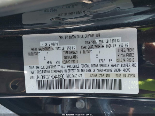 Aukcja sprzedaży 2019 Mazda Cx-3 Touring, vin: JM1DKFC71K0441890, numer aukcji: 45920001