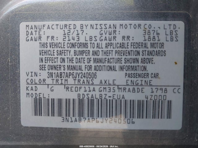 Продаж на аукціоні авто 2018 Nissan Sentra S, vin: 3N1AB7AP6JY240506, номер лоту: 45920008