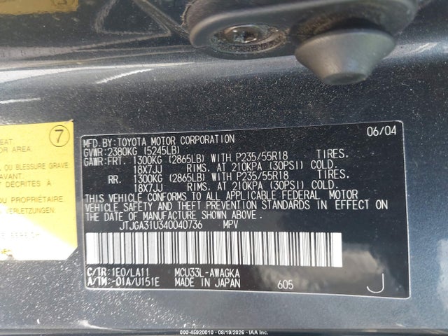 45920010 :رقم المزاد ، JTJGA31U340040736 vin ، 2004 Lexus Rx 330 مزاد بيع