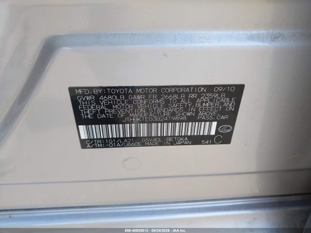 Продаж на аукціоні авто 2011 Lexus Es 350, vin: JTHBK1EG3B2419898, номер лоту: 45920012