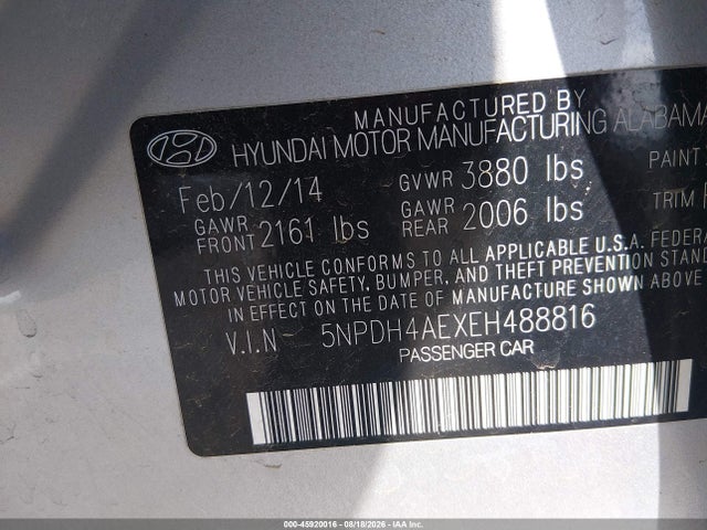 Hyundai Elantra Limited 2014 5NPDH4AEXEH488816 Image 9
