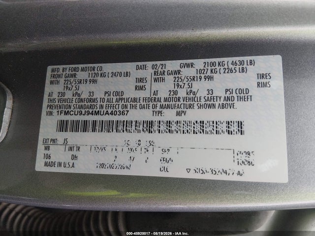 2021 Ford Escape Titanium მანქანა იყიდება აუქციონზე, vin: 1FMCU9J94MUA40367, აუქციონის ნომერი: 45920017