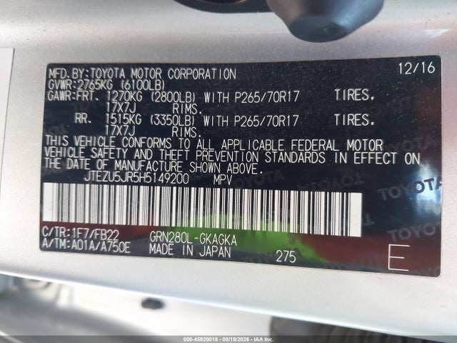 Продажа на аукционе авто 2017 Toyota 4runner Sr5, vin: JTEZU5JR5H5149200, номер лота: 45920018