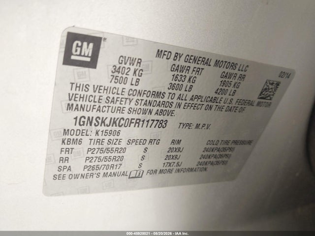 2015 Chevrolet Suburban Lt მანქანა იყიდება აუქციონზე, vin: 1GNSKJKC0FR117783, აუქციონის ნომერი: 45920021