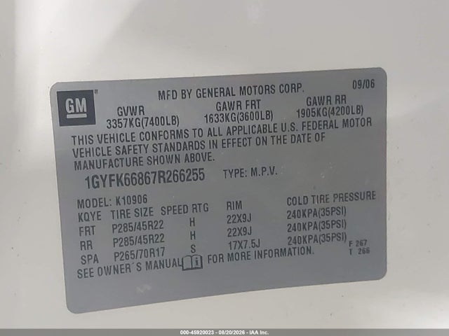 Продажа на аукционе авто 2007 Cadillac Escalade Esv Standard, vin: 1GYFK66867R266255, номер лота: 45920023