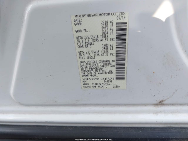Aukcja sprzedaży 2019 Nissan Murano S, vin: 5N1AZ2MJ3KN146371, numer aukcji: 45920024