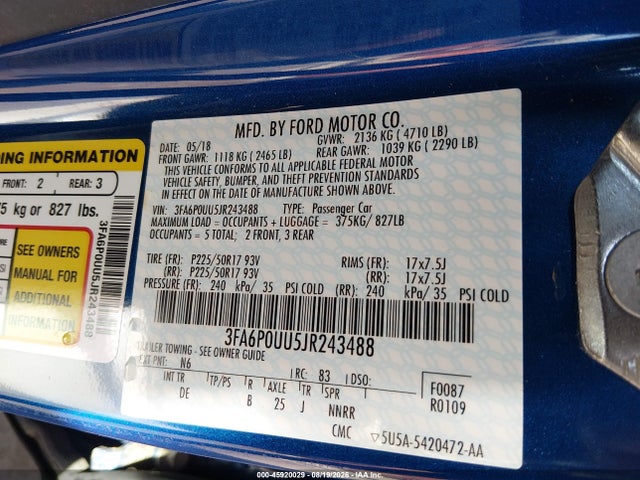 2018 Ford Fusion Hybrid S მანქანა იყიდება აუქციონზე, vin: 3FA6P0UU5JR243488, აუქციონის ნომერი: 45920029