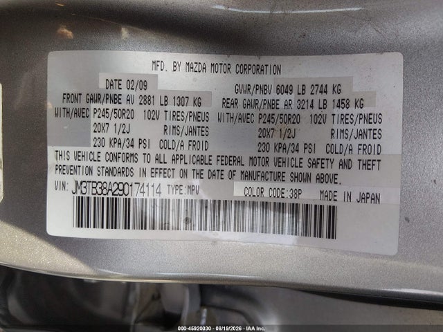 45920030 :رقم المزاد ، JM3TB38A290174114 vin ، 2009 Mazda Cx-9 Grand Touring مزاد بيع